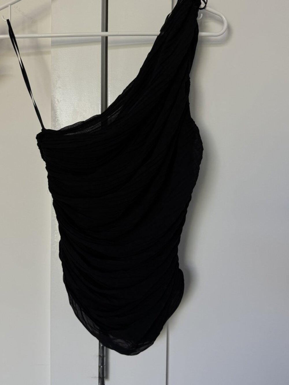 Zara One Shoulder Ruched Pleated Chiffon Top Black